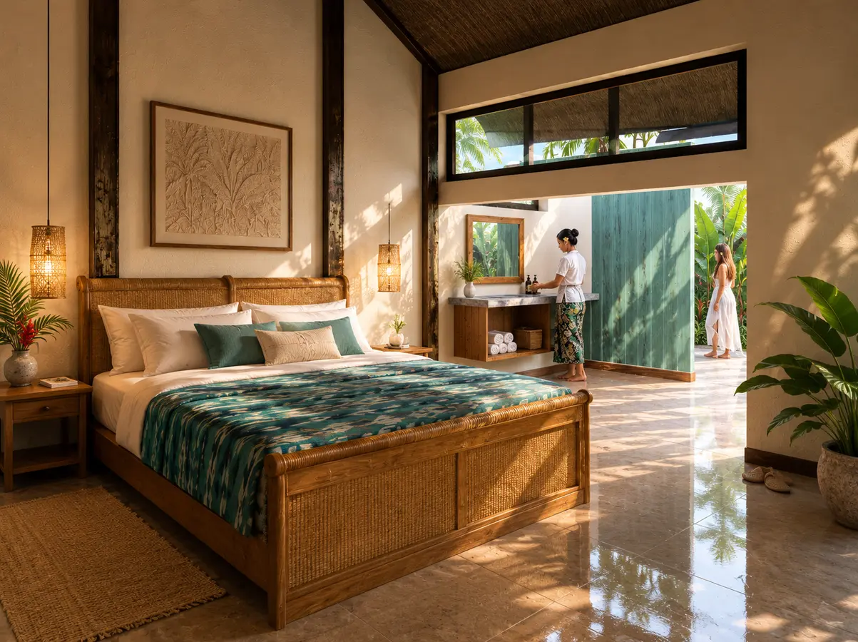 Architecturale visualisatie — Kalyssa beach bungalow interieur op Bali